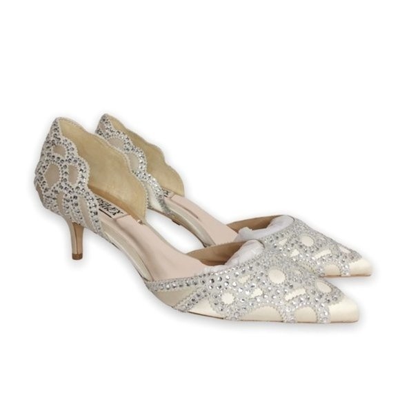Badgley Mischka Size 7.5 Ginny Jeweled Ivory Satin d'Orsay Heels Pumps Shoes
